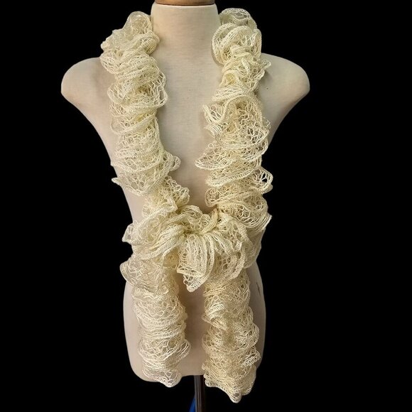 Handmade Crochet Layered Lacy Ivory Boa Scarf Off White 62 in Lightweight - Picture 2 of 8